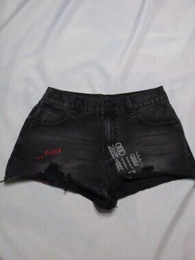 SHORTS womens JEANS washed black DENIM high-rise FRAYED distressed SIZE L
